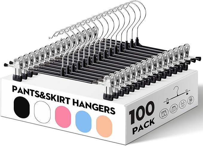 HUADYMEET 100 Pack 14Inch Pants Hangers with Clips,Metal Trouser Hanger for Jeans.Space Saving Skirt Hangers Heavy Duty Non-Slip Adjustable Clothes Shorts Hanger for Women,Men,Black