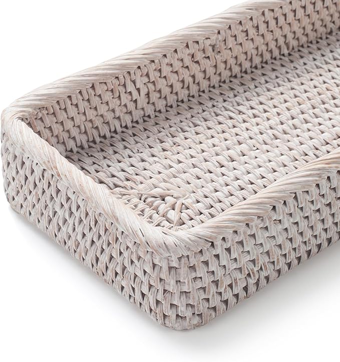 Rattan Bathroom Vanity Trays Toilet Tank Baskets Long Narrow Hand Towel Storage Basket for Storage, Decorative (Whitewash 16.3 x 6.1 x 2 inch)