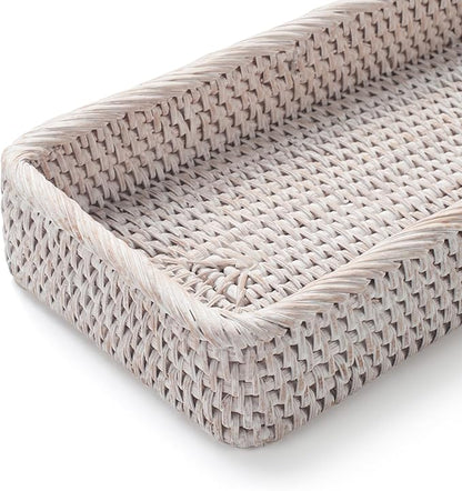 Rattan Bathroom Vanity Trays Toilet Tank Baskets Long Narrow Hand Towel Storage Basket for Storage, Decorative (Whitewash 16.3 x 6.1 x 2 inch)