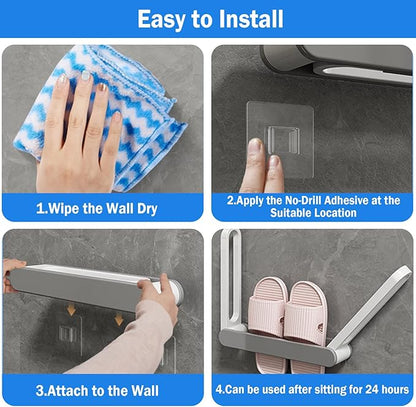COVRA 3-in-1 Foldable Wall-Mounted Shoe Rack, Adhesive No-Drill Slipper Organizer for Closet, Bathroom, or Living Room Doors (Gray)