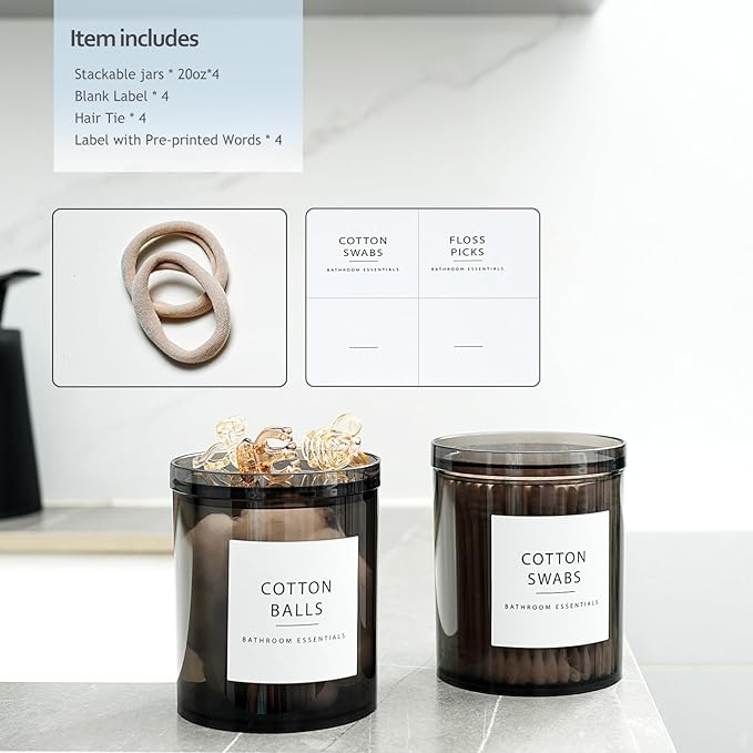 SheeChung 4-Pack Large 20oz Black Stackable Qtip Holder - Translucent Apothecary Jars with Storage Lids - Modern Bathroom Countertop Organizer for Cotton Balls, Pads, & Salts