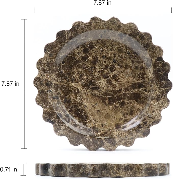 Round Marble Decorative Tray with Scalloped Edge, Luxury Natural Stone Bathroom Vanity Tray, Dresser Top Perfume Coffee Home Kitchen Sink Tray, Key Trinket Ring