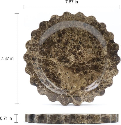 Round Marble Decorative Tray with Scalloped Edge, Luxury Natural Stone Bathroom Vanity Tray, Dresser Top Perfume Coffee Home Kitchen Sink Tray, Key Trinket Ring