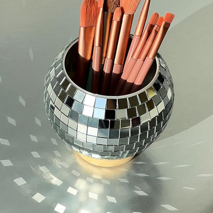 FlidRunest Disco Makeup Brush Organizer Mirror Ball Cosmetic Brush Cup, Reflects Light Unique Storage Holder for Counter, Dresser, Bedroom