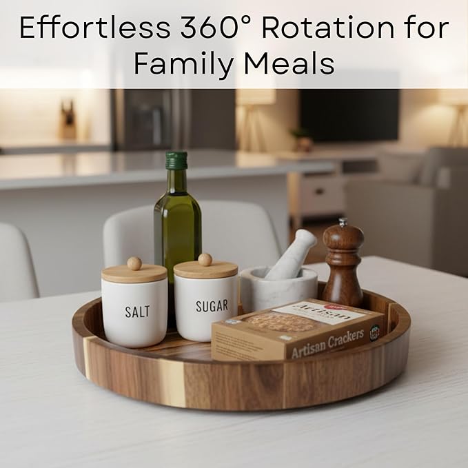 Wooden Lazy Susan for Table Top 12 Inch - Acacia Wood Lazy Susan Turntable Organizer for Kitchen Countertop Dining Table Cabinet - Rotating Tray Centerpiece for Spices Condiments - Large Lazy Susans