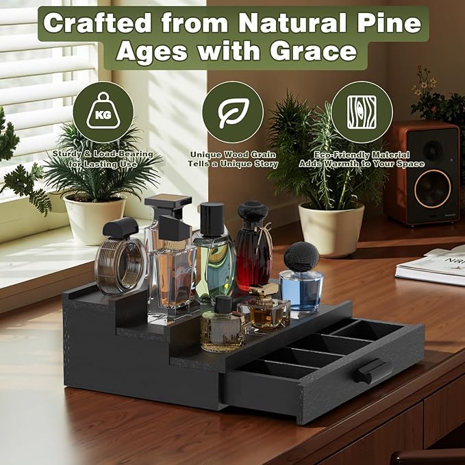 Perfume Cologne Organizer for Men: 3 Tier Wooden Perfumes Stand, Desktop Parfum Holder Wood Display Shelf with Cabinet, Bedroom Dresser Makeup Lotion Jewelry Storage Rack with Drawer
