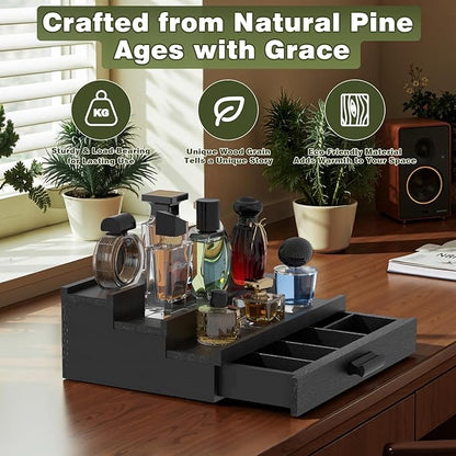 Perfume Cologne Organizer for Men: 3 Tier Wooden Perfumes Stand, Desktop Parfum Holder Wood Display Shelf with Cabinet, Bedroom Dresser Makeup Lotion Jewelry Storage Rack with Drawer