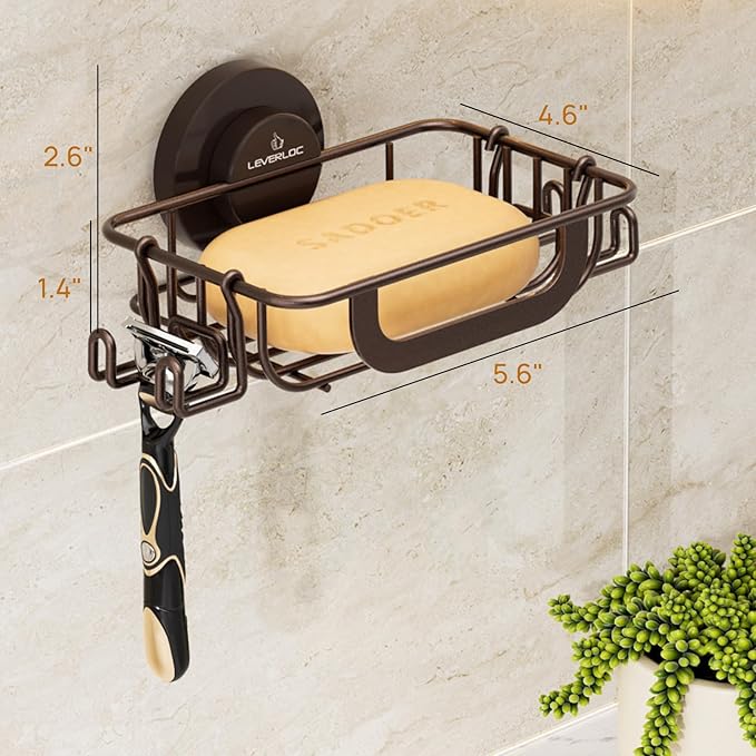 LEVERLOC Soap Holder Dish with Hooks for Shower, Bar Suction Cup Soap Tray Wall Mounted, Rustproof Stainless Steel Sponge Holder Caddy for Bathroom Bathtub Kitchen Sink, Brown