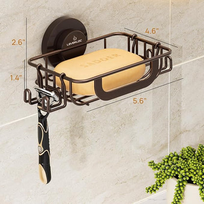 LEVERLOC Soap Holder Dish with Hooks for Shower, Bar Suction Cup Soap Tray Wall Mounted, Rustproof Stainless Steel Sponge Holder Caddy for Bathroom Bathtub Kitchen Sink, Brown