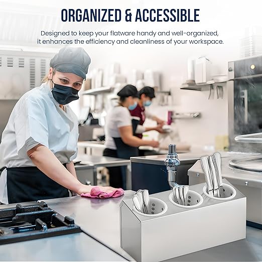 OCS Parts 3-Compartment Silverware Display Holder | White Cylinders | Stainless Steel Kitchen Caddy Utensil Holder with Perforated Cylinders for Home Kitchens, Restaurants, and Buffets