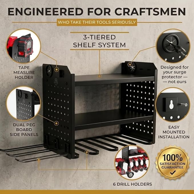 BUILTSTRONG Power Tool Organizer Wall Mount – 3-Tier Heavy-Duty Steel Rack, 6 Drill Slots, Dual Pegboard Sides, Side-by-Side Modular, 100 lb Capacity – Garage & Workshop (Black)