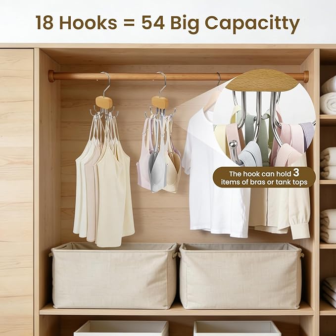 3 Pack Tank Top Hanger, Rotatable Bra Organzier for Closet, Bra Hanger for Closet Organizer, 360° Rotating & Foldable, Metal and Wood, Space-Saving Belt Hangers for Tank Tops, Belt, Tie (Wood)