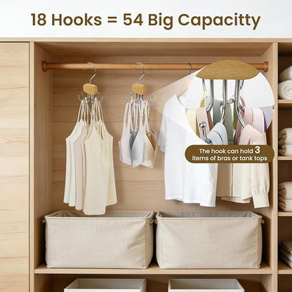 3 Pack Tank Top Hanger, Rotatable Bra Organzier for Closet, Bra Hanger for Closet Organizer, 360° Rotating & Foldable, Metal and Wood, Space-Saving Belt Hangers for Tank Tops, Belt, Tie (Wood)