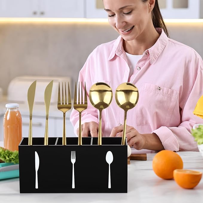 Hxezoc Black Acrylic Cutlery Storage Organizer, Plastic Silverware Caddy 3 Section Tableware Holder for Kitchen Indoor Outdoor Decoration Supplies