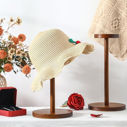 Chunful 2 Pieces Hat Display Stand Rustic Wood Hat Rack Holder Stand Vintage Wig Holder Jewelry Display Riser Helmet Organizer Storage for Home (Antique Brown)