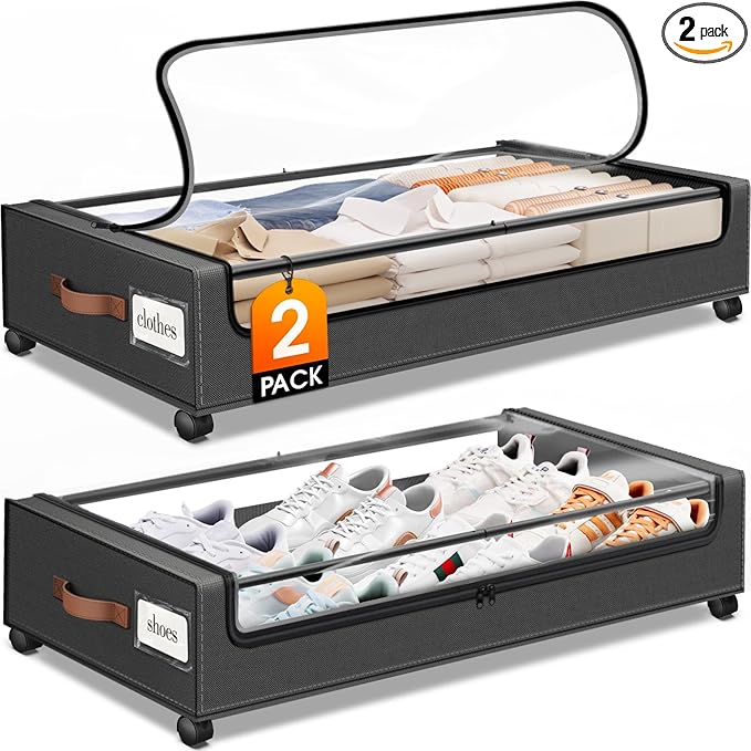 SpaceHacks Under Bed Storage with Wheels 2Pack Storage Containers with Clear Window&Label Under Bed Drawers Rolling Under Bed Storage for Clothes,Shoes, Blankets (30.71 x 16.93 x 6.69 in, Dark Grey)