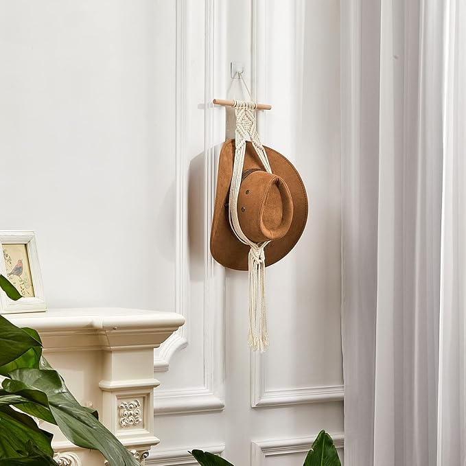 Yulejo Macrame Hat Hangers Boho Hat Rack Cowboy Hat Hanger Back of Door Hat Organizer (White,One Hat Style)