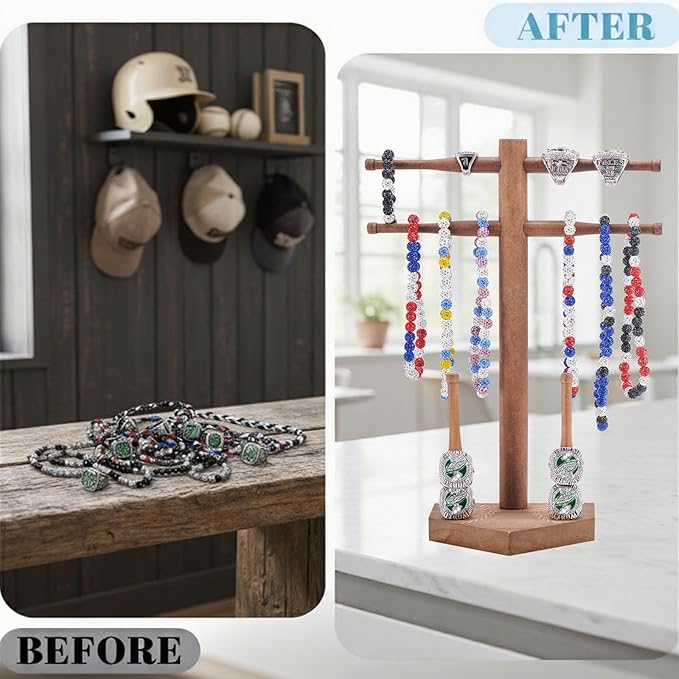 NEW Wooden Baseball & Softball Championship Ring Holder with Drip Necklace Display – Sports Organizer Baseball Gifts for Jewelry & Awards(NO TEXT)