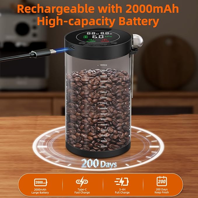Electric Vacuum Coffee Canister, 2.0L Glass Airtight Food Storage Containers with Smart Pressure Sensor, Automatic Coffee Bean Container Rechargeable with LED Display Window for Kitchen Food Storage