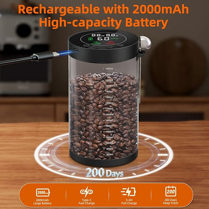 Electric Vacuum Coffee Canister, 2.0L Glass Airtight Food Storage Containers with Smart Pressure Sensor, Automatic Coffee Bean Container Rechargeable with LED Display Window for Kitchen Food Storage