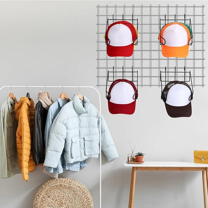 Yaocom 8 Pcs Gridwall Hat Display Rack, Metal Wire Retail Display Shelves Gridwall Organizer Accessories for Grid Panel Displaying Baseball Hats for Home Commercial, Black