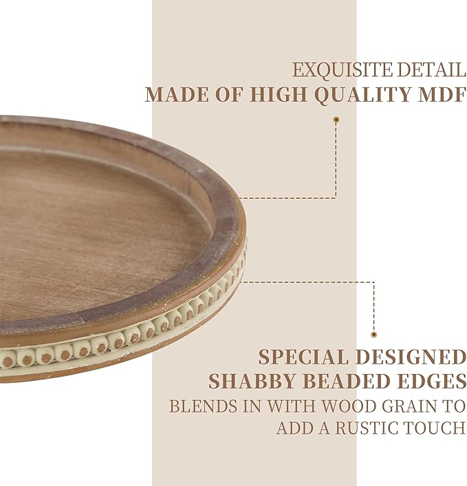 Hanobe Lazy Susan Centerpiece Tray: Round Wooden Turntable Organizer 12" for Dining Table Kitchen Counter Coffee Table Home Decor with Beaded Brown