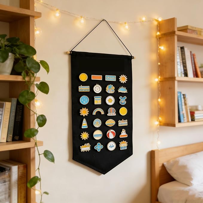 Winmany Wall Hanging Brooch Jewelry Storage Case Canvas Display Stand Enamel Pin Display Banner Holder Earrings Necklace Glitter Pin Collection Organizer (Black+White)