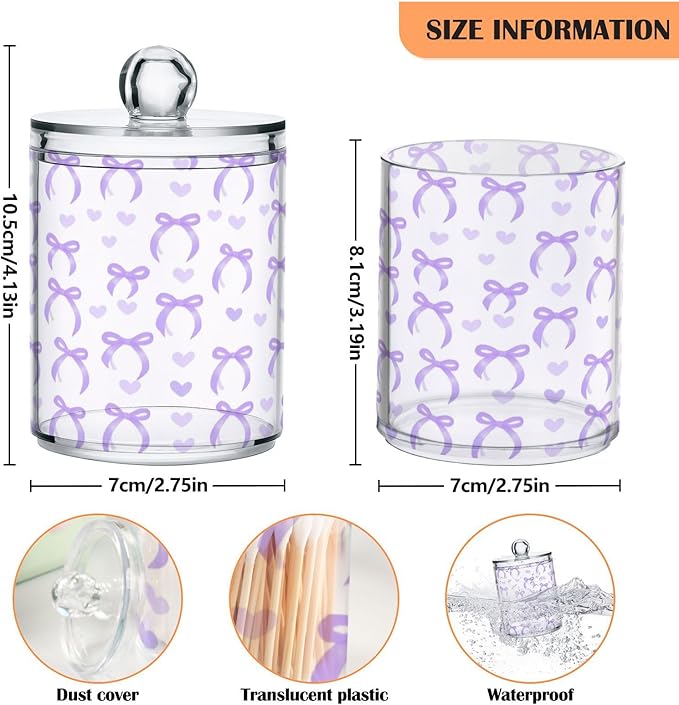 2 Pack Apothecary Jars Purple Bow Love Qtip Holder Organizer Clear Airtight Container for Cotton Swabs Food Storage 14oz Plastic Jars with Lids