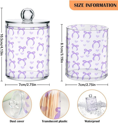 2 Pack Apothecary Jars Purple Bow Love Qtip Holder Organizer Clear Airtight Container for Cotton Swabs Food Storage 14oz Plastic Jars with Lids