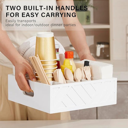 Utensil Holder for Party-Paper Plate Dispenser and Holders for countertop,Wood Rustic Silverware Utensil Caddy with 7 Compartments,Cutlery Flatware Organizer Box for Cup/Fork/Spoon,Kitchen Accessories