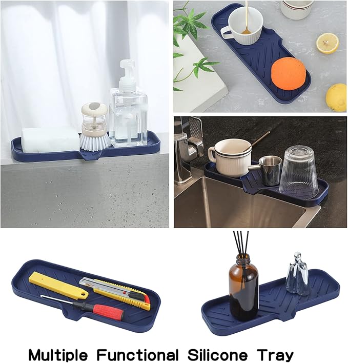MicoYang Silicone Bathroom Soap Dishes with Drain Spout-Kitchen Sink Organizer,Sponge Holder,Dish Soap Tray,Perfect for Dispenser,Scrubber,Bottle,Cup on Sink or Counter-Navy Blue 12"×4"