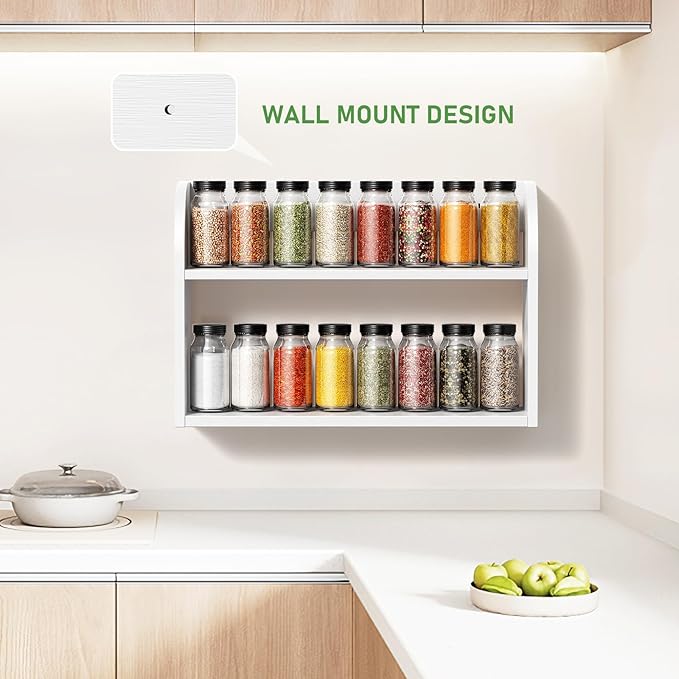 ROMGUAR CRAFT 2 Tier Bamboo Spice Rack, Countertop or Wall Mounting Wood Spice Jars Organizer Shelf for Kitche, Pantry (White)