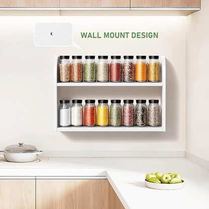 ROMGUAR CRAFT 2 Tier Bamboo Spice Rack, Countertop or Wall Mounting Wood Spice Jars Organizer Shelf for Kitche, Pantry (White)