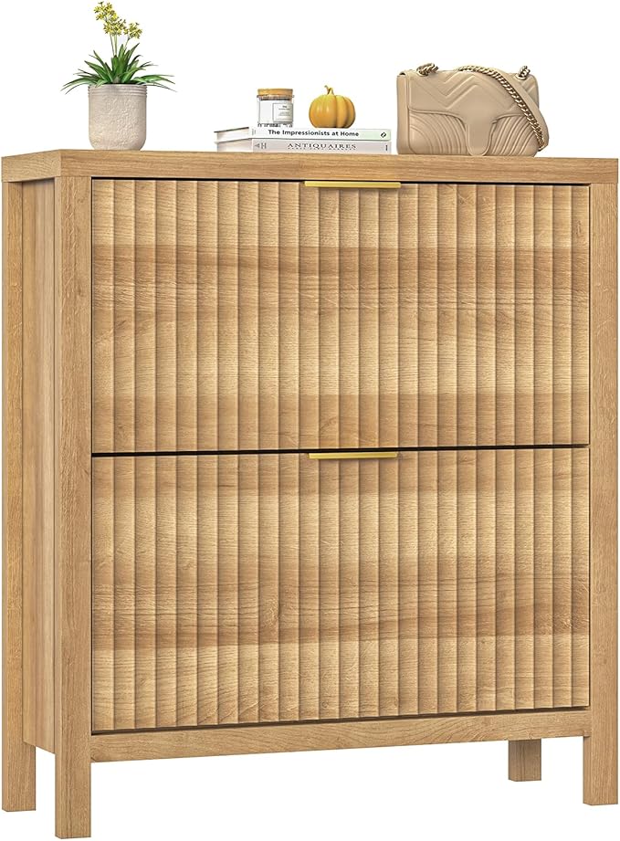 YOMILUVE Shoe Cabinet Storage for Entryway, Fluted Shoe Cabinet with 2 Flip Drawers, Hidden Shoe Rack Tall Freestanding Shoe Organizer with Legs for Hallway, Oak