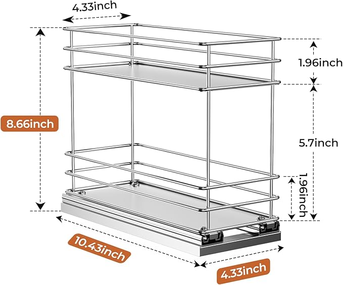 Mystozer Pull Out Spice Rack Organizer for Cabinet, Slide Out Spice Racks, Easy to Install, 4.33" Wx10.43 Dx8.66 H, 1 Drawer 2 Tiers(Silver)