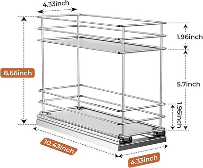Mystozer Pull Out Spice Rack Organizer for Cabinet, Slide Out Spice Racks, Easy to Install, 4.33" Wx10.43 Dx8.66 H, 1 Drawer 2 Tiers(Silver)