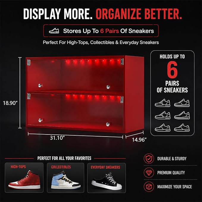 Sneaker Display Case with Lights featuring LED Intelligent Control Shoe Storage Box, Stackable LED Shoe Box Wood Shoe Display Case for Luxury Sneaker Storage (Red 2-layer)