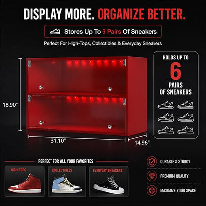 Sneaker Display Case with Lights featuring LED Intelligent Control Shoe Storage Box, Stackable LED Shoe Box Wood Shoe Display Case for Luxury Sneaker Storage (Red 2-layer)