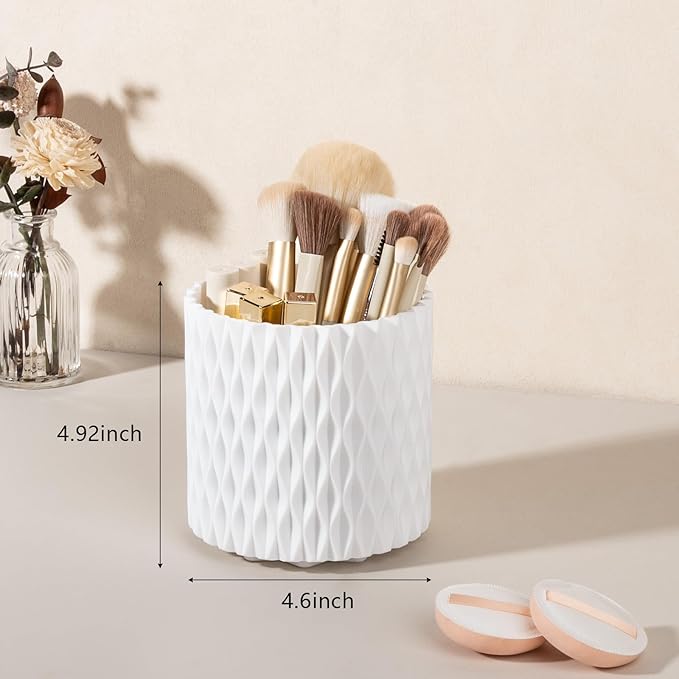 Anyoifax Makeup Brush Holder Organizer 360°Rotating Make Up Brushes Container for Vanity, Spinning Cosmetics Storage Cup, Ripple White