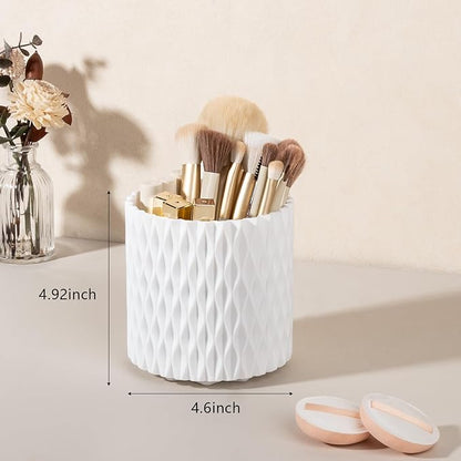 Anyoifax Makeup Brush Holder Organizer 360°Rotating Make Up Brushes Container for Vanity, Spinning Cosmetics Storage Cup, Ripple White