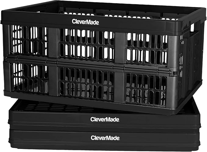 CleverMade Collapsible Utility Crates, Obsidian, 3 Pack, 45L/11 Gal, 66 lbs Capacity, Stackable Containers, Heavy Duty, Space-Saving Baskets,Polypropylene (PP)