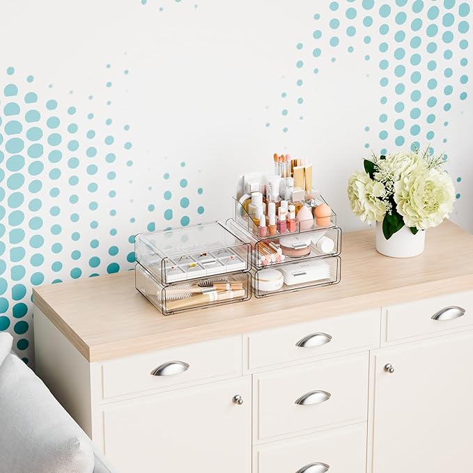 Yieach 5 Tier Clear Acrylic Makeup Organizers with Drawers,Tiered Countertop Make up Storage Organizer for Dresser Top and Bathroom Vanity,Plastic Makeup Stand for Brush,Skincare,Beauty Organizers