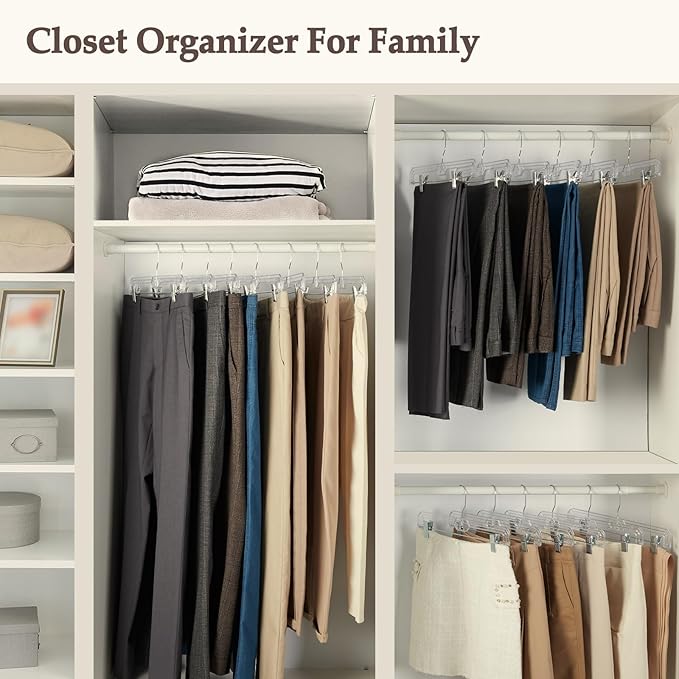 HOUSE DAY Clear Pants Hangers 100 Pack, Non-Slip Plastic Skirt Hanger with 2 Adjustable Clips, Heavy Duty Clip Hangers for Pants, Skirts, Shorts, 14" Clear Hanger, 360-Rotating Swivel Hook