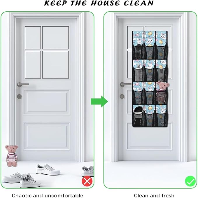 12-Pocket Over The Door Hanging Organizer, Lightweight Oxford Cloth Waterproof Foldable and Perfect for Bathroom Bedroom or Closet Storage Solutions, Easter Rabbit Eggs Pattern