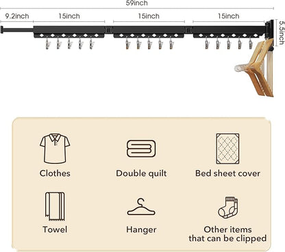 ZdwCyl Wall Mounted Clothes Hanger, Aluminum Clothes Drying Rack, Space Saver, Retractable, Windproof Holes, with Clips