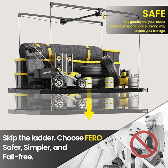 FERO Overhead Garage Storage Rack 4x8, 500 lb Heavy-Duty Capacity, Ceiling Mounted Storage Lift with Safety Lock, Drop Down Overhead Storage System, Garage Ceiling Hoist Organizer