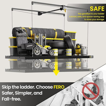 FERO Overhead Garage Storage Rack 4x8, 500 lb Heavy-Duty Capacity, Ceiling Mounted Storage Lift with Safety Lock, Drop Down Overhead Storage System, Garage Ceiling Hoist Organizer