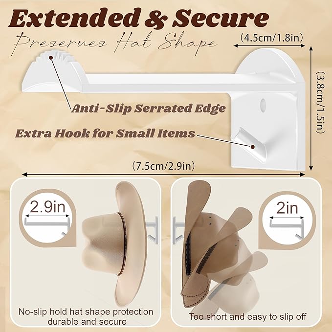2.9Inch Hat Hooks for Wall - (8 Pack) Cowboy Hat Rack,SuitableSun Hats, Fedora, Wide Brim Hats Strong Hold Hat Hangers for Wall，Western Room Decor- (White)