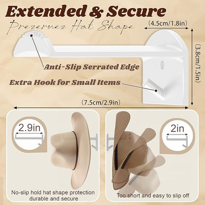 2.9Inch Hat Hooks for Wall - (8 Pack) Cowboy Hat Rack,SuitableSun Hats, Fedora, Wide Brim Hats Strong Hold Hat Hangers for Wall，Western Room Decor- (White)