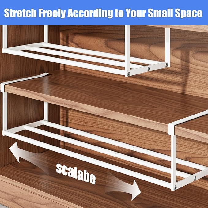 2 Pcs Expandable Shoe Rack Organizer, Adjustable Retractable Shoe Racks, Multifunctional Under Cabinet Hanging Shelf for Closet Storage, White, 16.5-31.5 Inch, Space Saving